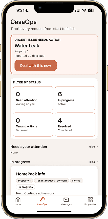 CasaOps mobile request tracking screen